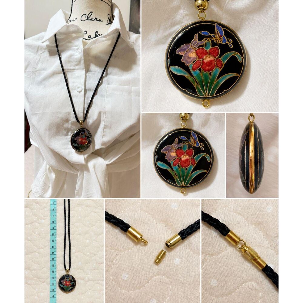 Vintage Cloisonne Floral Pendant Necklace Black Enamel Gold Tone Braided Cord